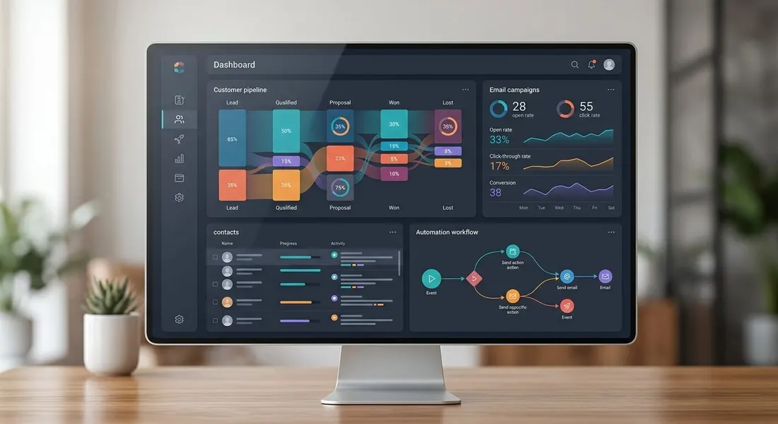 ActiveCampaign dashboard showing contacts, automations and email campaign metrics in one interface