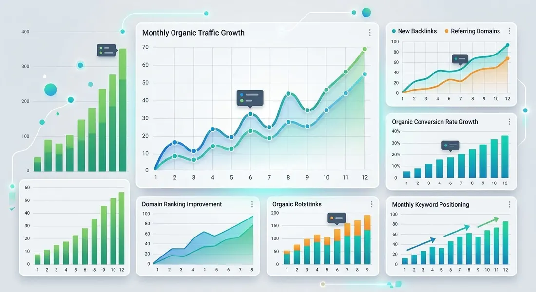Gráfico de evolución de visibilidad orgánica y keywords detectadas tras un análisis estratégico con Ahrefs