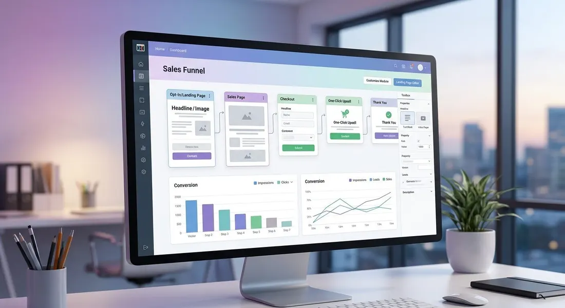 ClickFunnels dashboard showing a multi-step funnel, conversion metrics, and visual page editor
