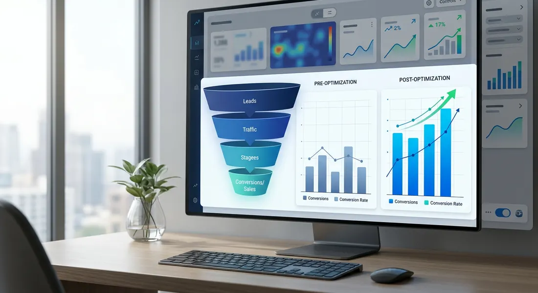 Performance chart of a sales funnel showing conversion by step and improvement after optimization