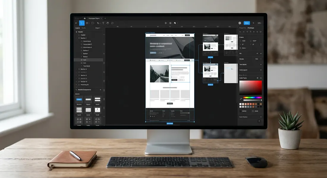 Figma interface showing a website design file with layers panel, components, and prototype settings