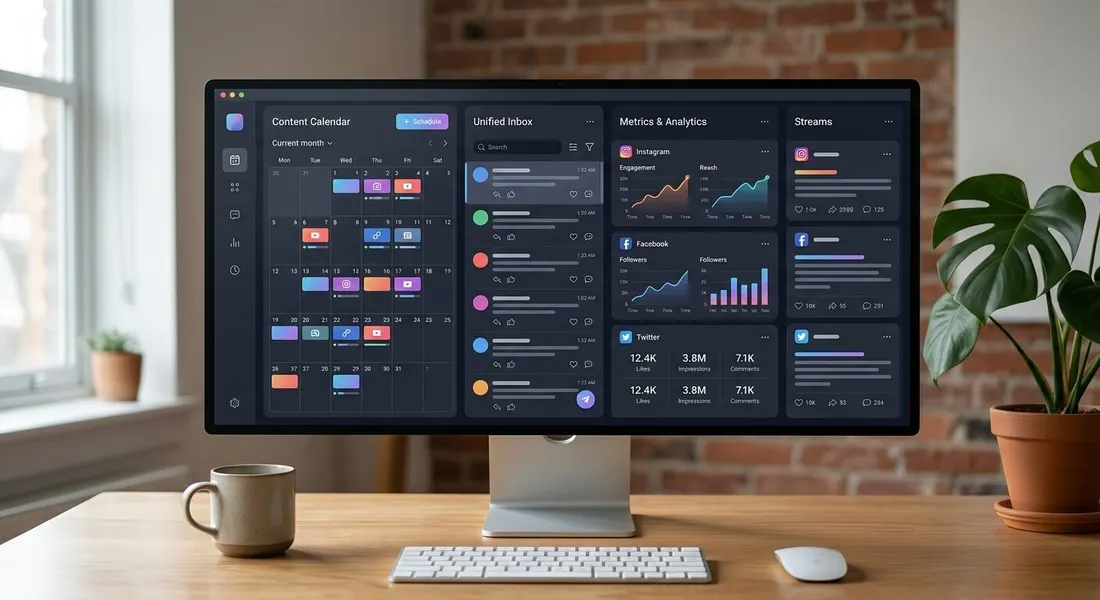 Hootsuite dashboard showing a publishing calendar, social inbox, and analytics across multiple social networks
